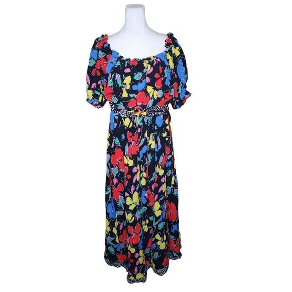 Rixo Target Peasant Maxi Multicolor Dress Womens Plus Size 24W Black Floral - Picture 1 of 8